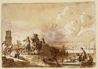 Q+ 076
<br/>
Een bootje met passagiers nadert of verlaat een oever
<br/>
<em>Bakhuizen, Ludolf (1630-1708)</em>